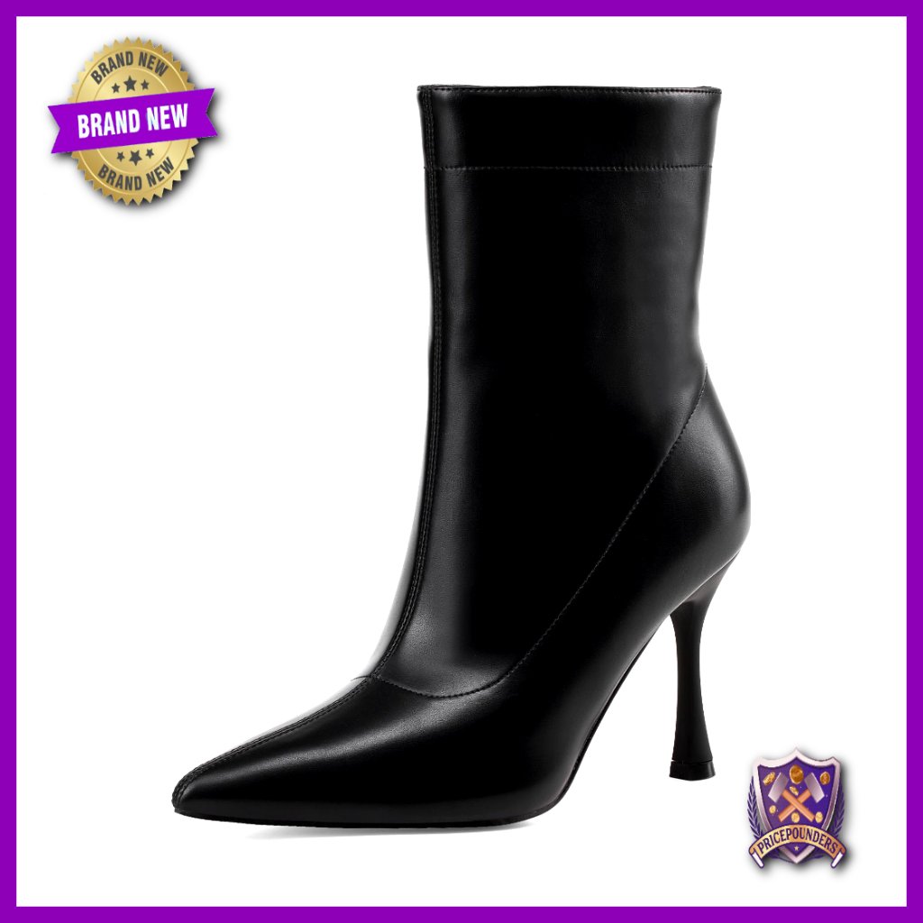 Pointed Toe Ankle Boots 3.5in Stiletto Heel Work Booties Pull On Style